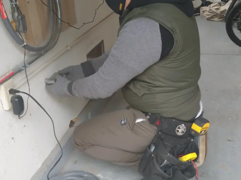 Electrician performing outlet wiring in a Swanton garage